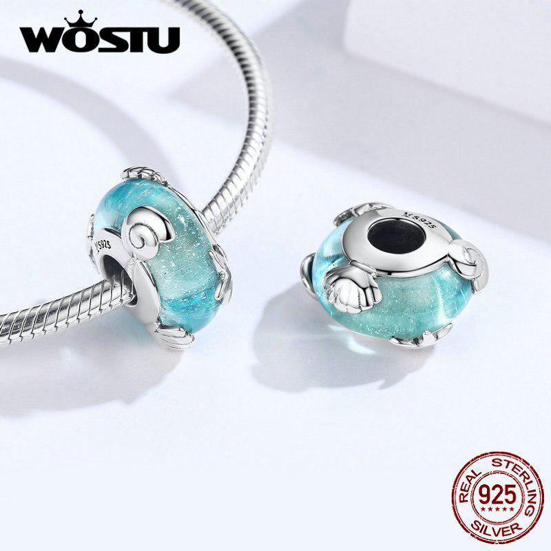 WOSTU Starfish & Shell Blue Beads 925 Sterling Silve Murano Glass Charm Fit Women Original Bracelet