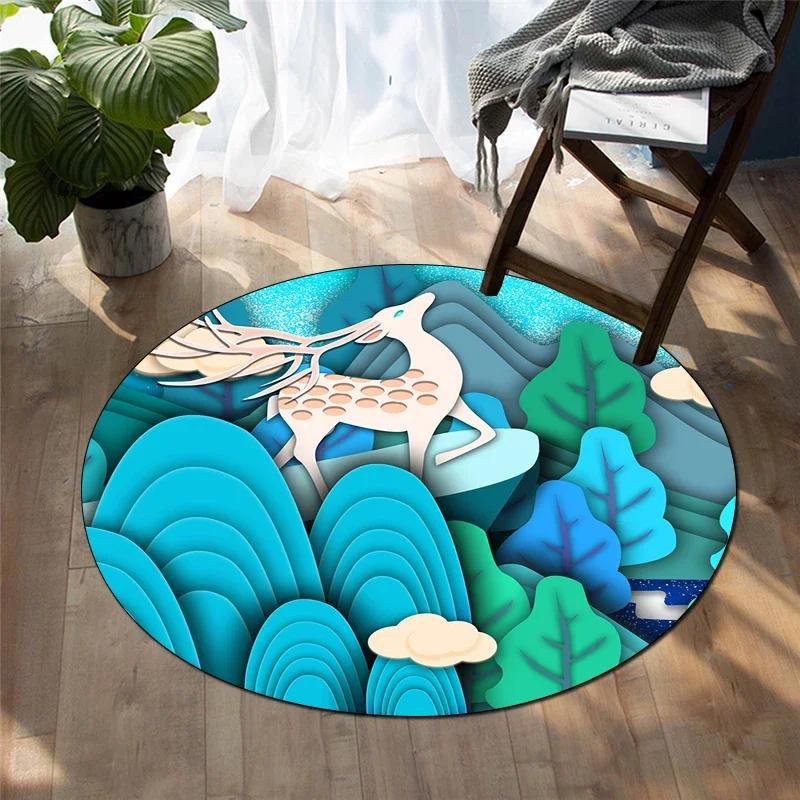 Forest Deer Round Carpet Soft Cartoon Rug Non-Slip Circle Floor Mat for Living Room Bedroom Sofa Bathroom Children's Dorm Decor