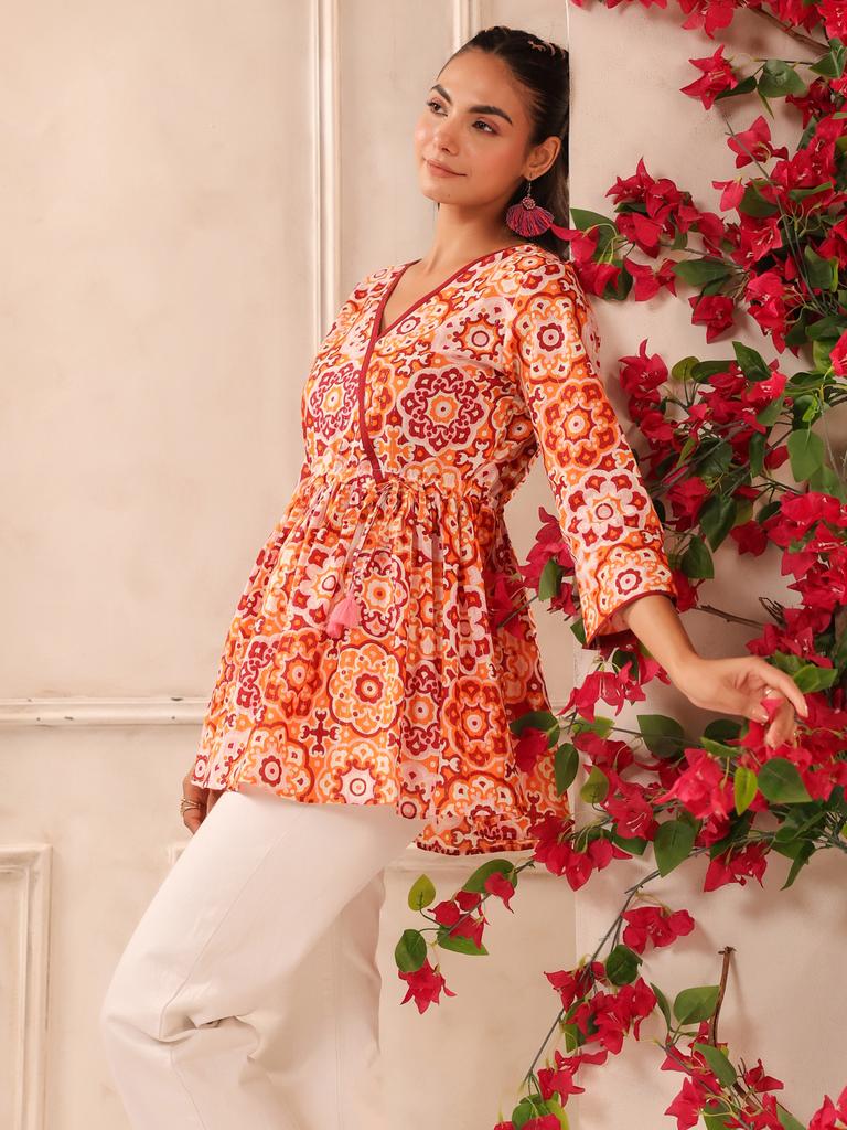 Lurex Orange Floral Printed V Neck Cotton Top