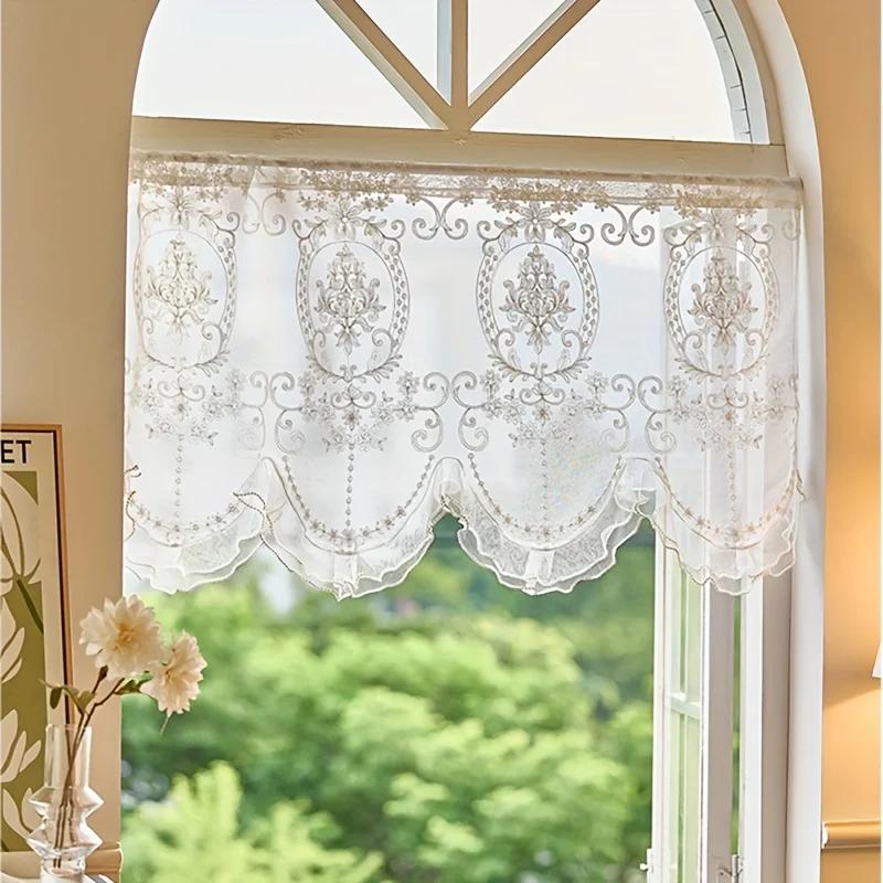 

French Style Ruffled Lace Short Curtain Beaded Bottom Luxury Embroidered Tulle Short Valance Curtain for Kitchen Door Cafe W110xH65cm 1 Panel&Rod Pocket білий