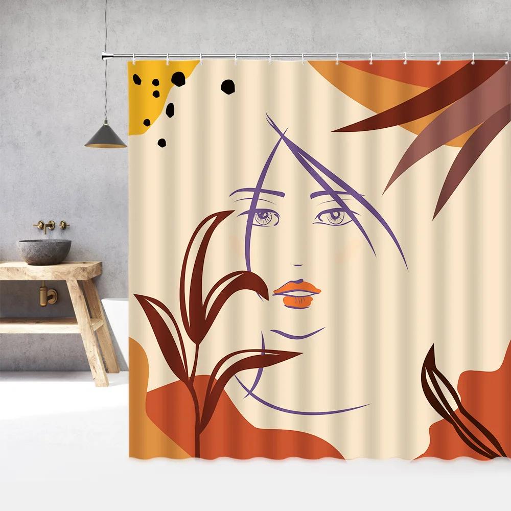 Modern Abstract Face Shower Curtain, Simple Female Silhouettes Pastel Colors Line Color Bath Curtain for Bathroom with Hooks