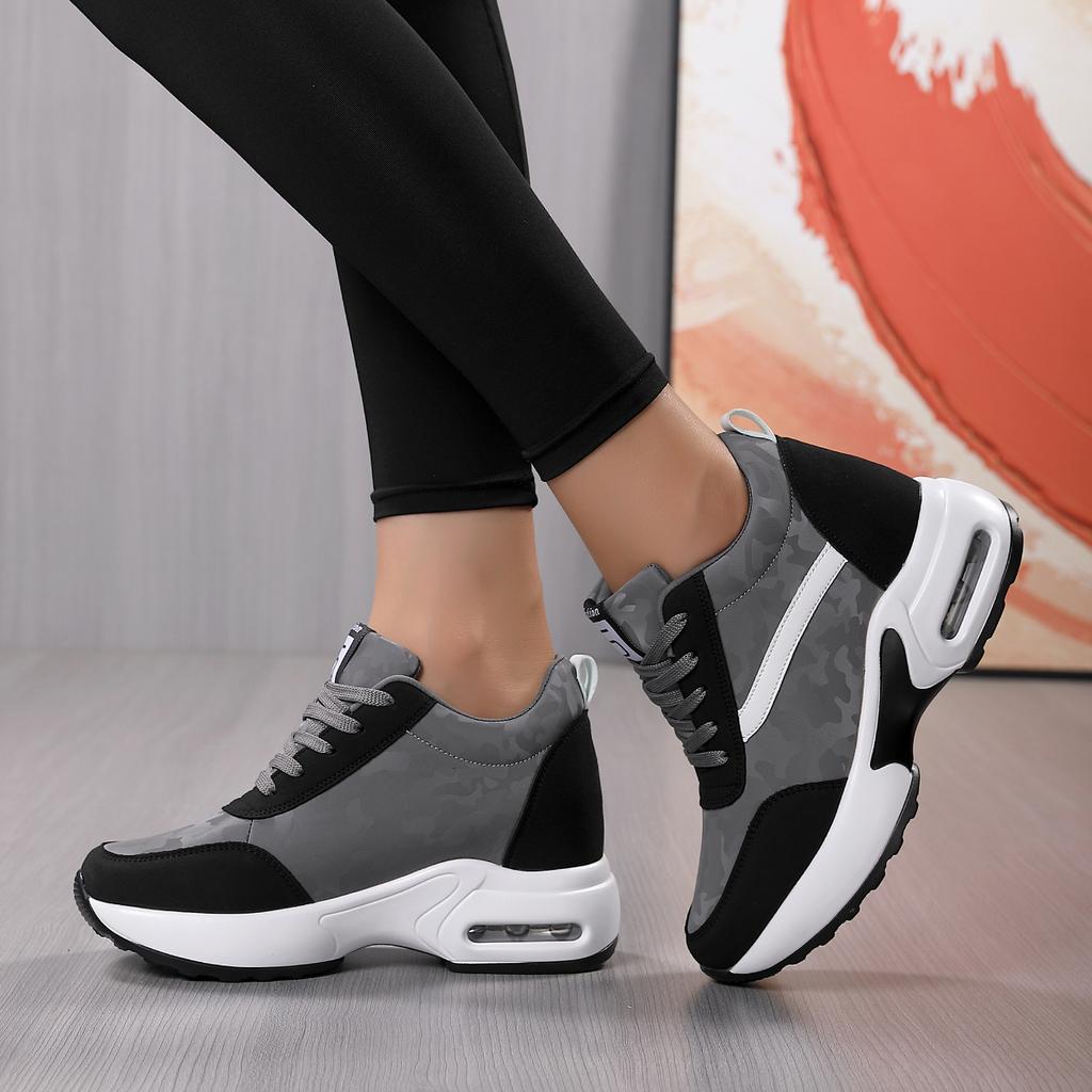 Women's Walking Sneakers Wedges High Top Lace Up Shoes Air Cushion Increased internal Fashion Girls Sneakers Grey