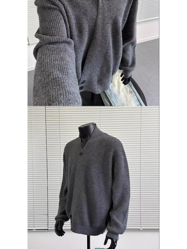 2025 Autumn/Winter Retro Casual V-Neck Men's Cardigan Sweater - Solid Color Knit Outerwear