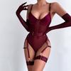 European and American Women Sexy Sheer See Through Bodysuit Patchwork Mesh Lingerie Shapewear with Straps and Gloves