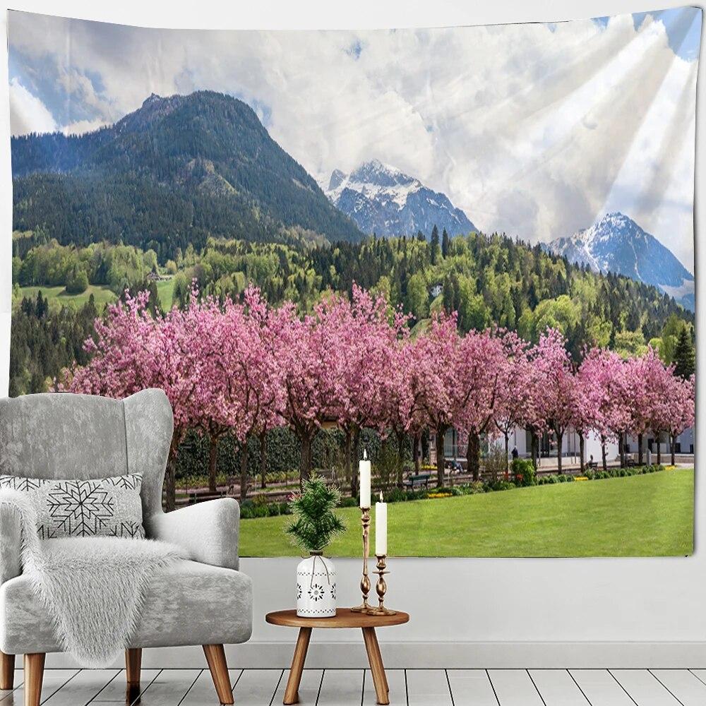 Beautiful Mount Fuji Sakura Pagoda Landscape Wall Hanging Tapestry Decorative Art Suitable for Living Room Room Home Decor