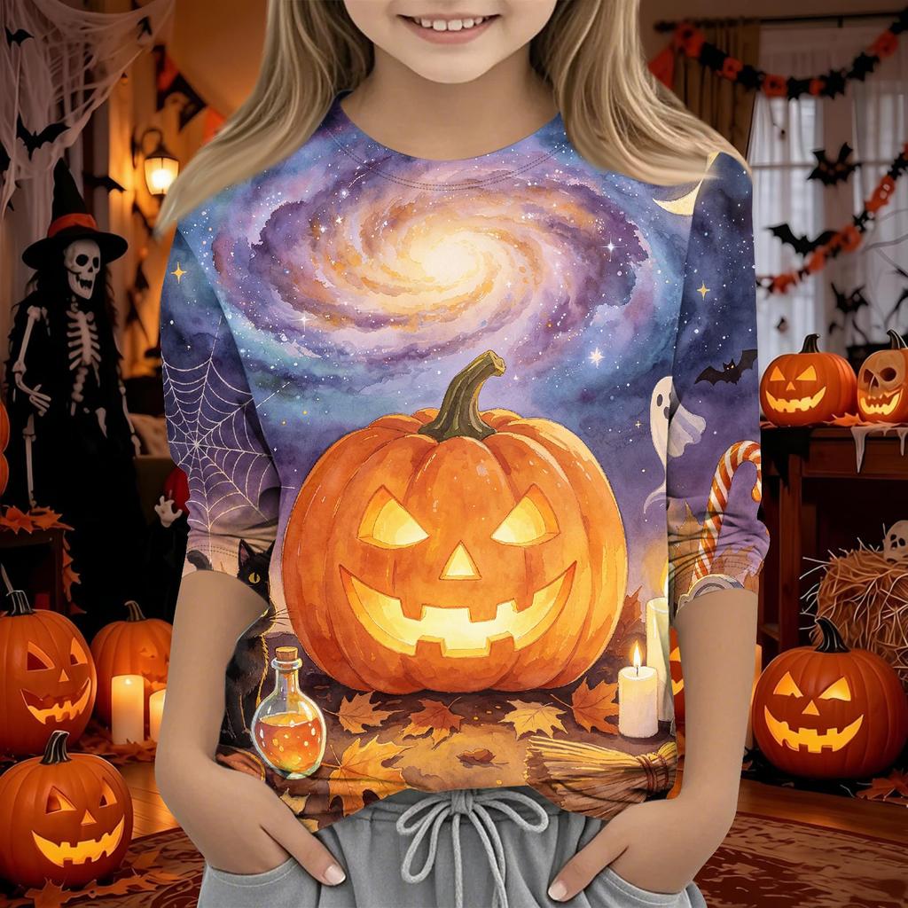 Kids' Halloween Printed Round Neck Three-Quarter Sleeve Casual T-Shirt