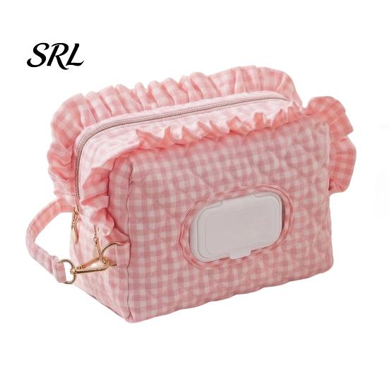 Portable Baby Wipe Dispenser Quilted Diaper Wipes Bag with Hanging Strap, Dual Compartment Zipper Plaid Ruffle Storage Pouch Bag, Large Capacity