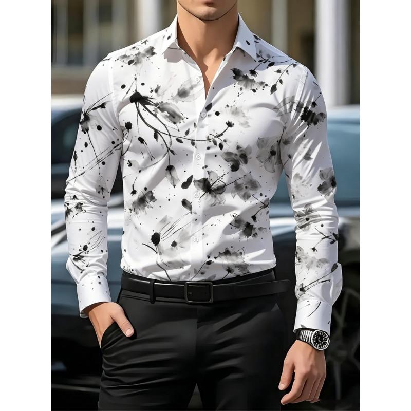 Men's Floral Printed Long Sleeved Lapel Shirt, European and American Nightclub Party Trend Casual Floral Shirt