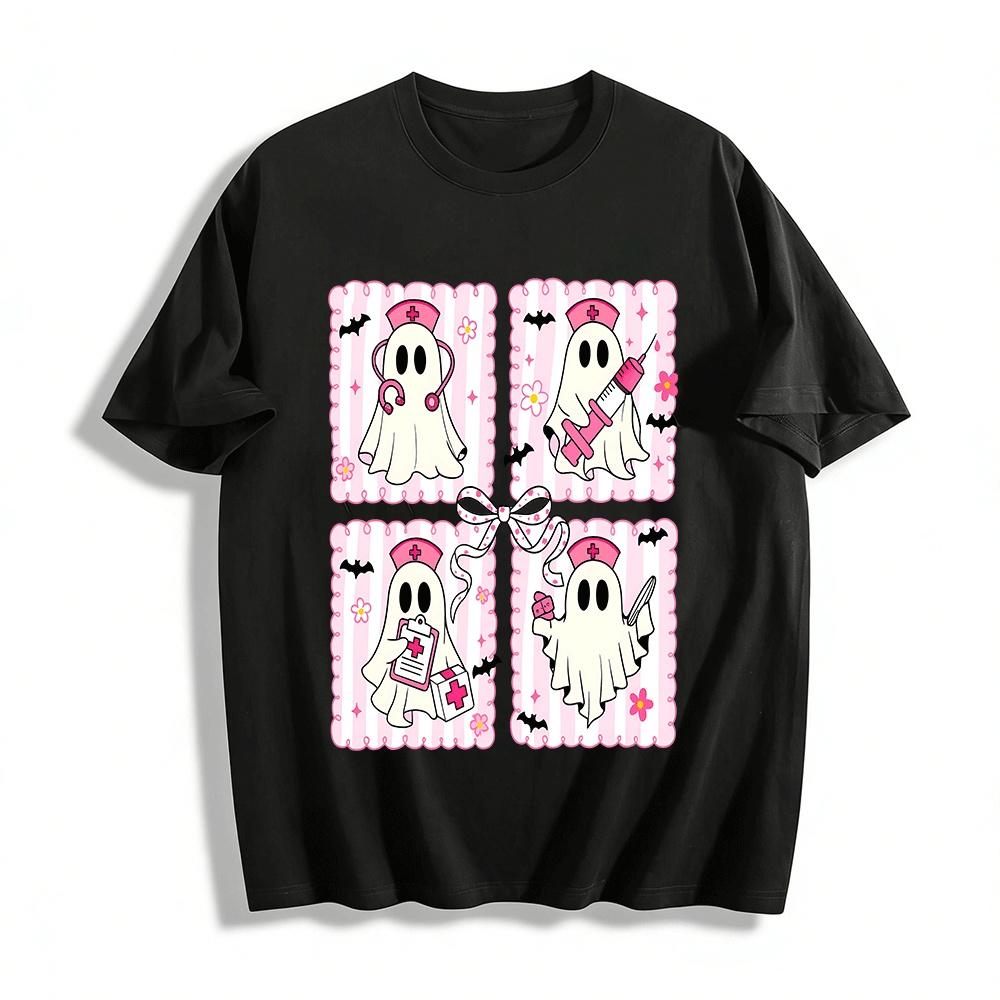 Halloween Nurse Ghost Print Top Fun Medical Themed Holiday T-Shirt Pure cotton T-shirt XXS