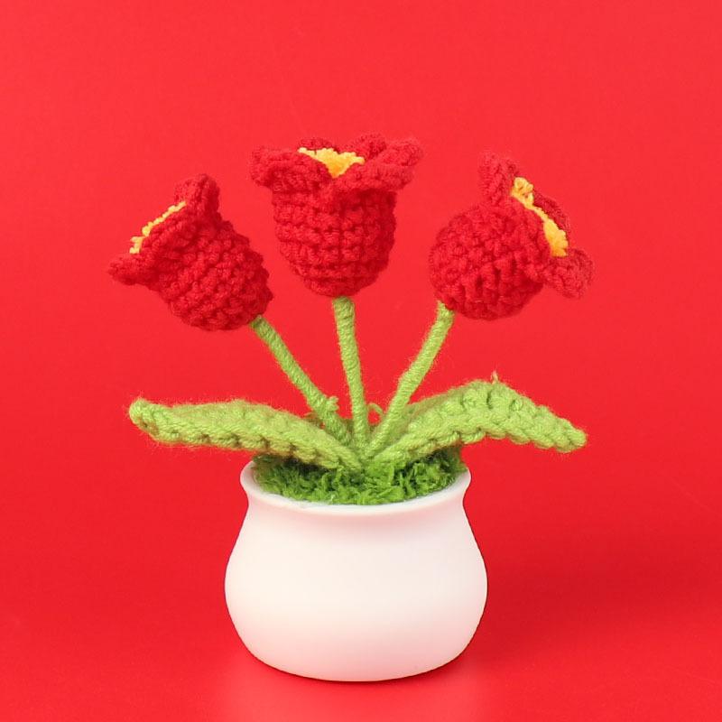 Hand-Knitted Wool Fake Flowers Set: Sunflower, Carnation, Tulip - Desktop Decor, Teacher/Student Gift, Everlasting Bouquet