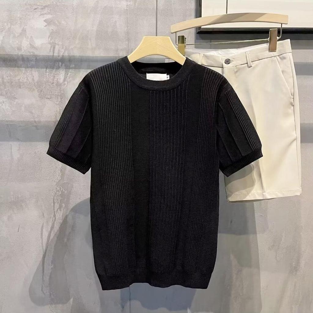 Męski letni T-shirt z dzianiny z krótkim rękawem, dopasowany krój slim fit, okrągły dekolt z lodowego jedwabiu