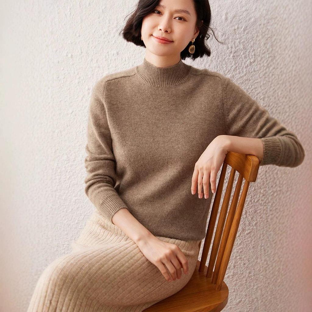 Women's Versatile Cashmere Sweater - Half-High Neck, Thick Pure Color Pullover, Loose Knit Wool Base Layer for Autumn and Winter