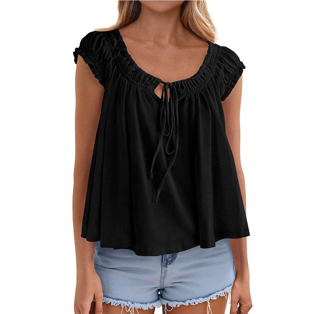 Womens Off Shoulder Ruffle Short Sleeve Tie Front Loose Blouse