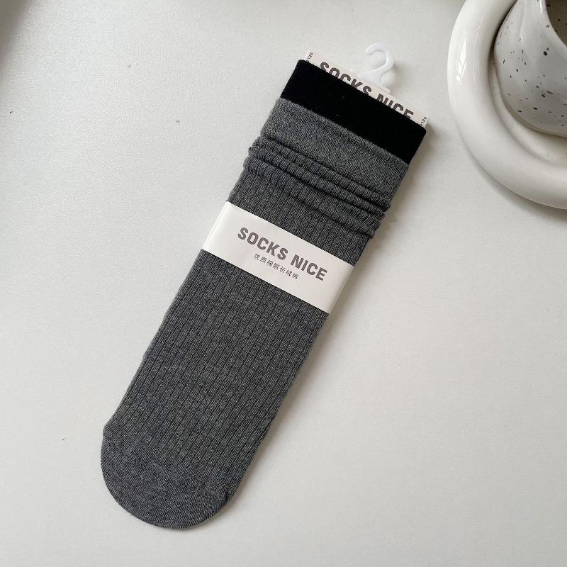 Spring and Autumn Children's Sock Set - Mid-length Double-cuffed Multi-color Plaid Socks, Gray Fake Two-piece Long Socks, Pure Cotton, Bone-free Socks