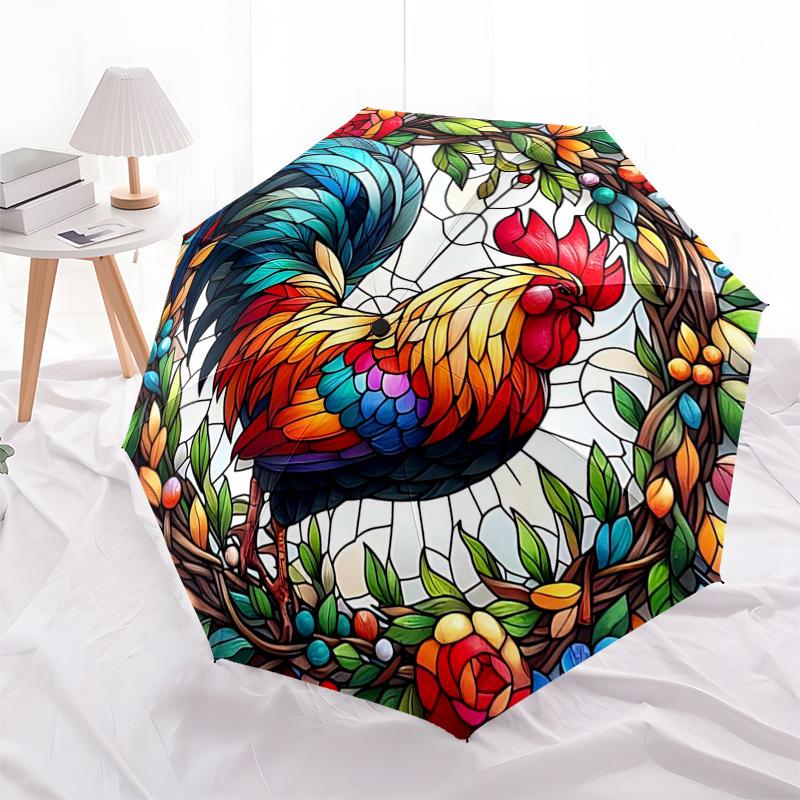 1 Stück Buntglas Hahn Design Automatisches Öffnen/Schließen Regenschirm - Tragbares Dreifach faltbares Design mit 8-Speichen Eisenrahmen - Outdoor - Ideales Geschenk für Fans,