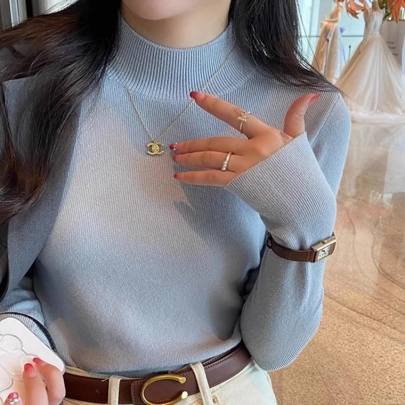 Womens Slim Fit Half Turtleneck Sweater Solid Color Long Sleeve Pullover Top
