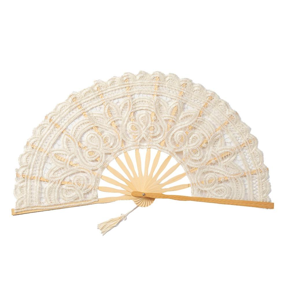 

Hollow Ribs Embroidered Folding Fan Tassel Pendant Dance Handheld Fan Dance Performance Style A Beige