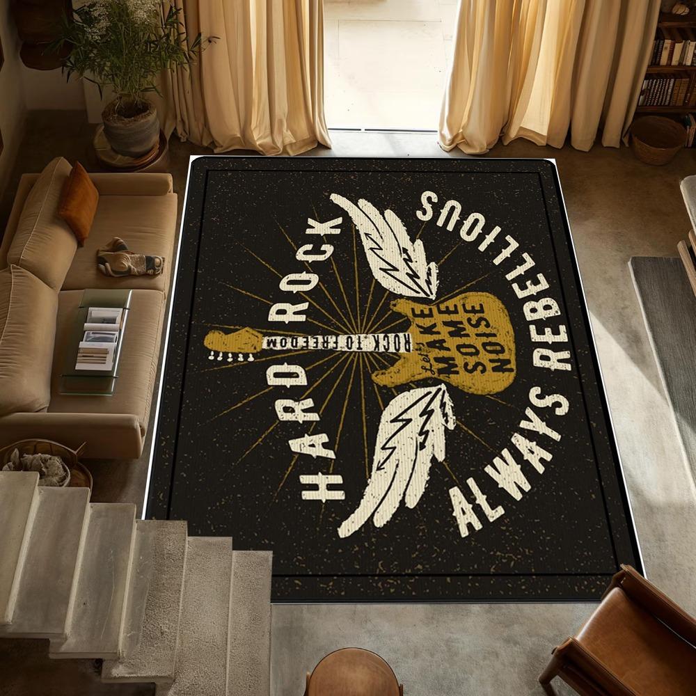 Vintage Rock & Roll Rug – Edgy Black & Gold Carpet for Bold Living Room or Bedroom Decor
