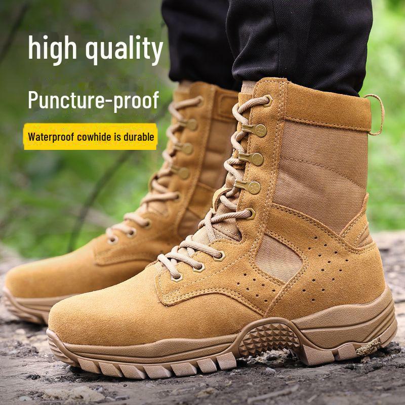 New Brown Combat Training Boots: Men's & Women's High-Top, Dustproof, Breathable Cowhide Outdoor Mountaineering Zipper Boots