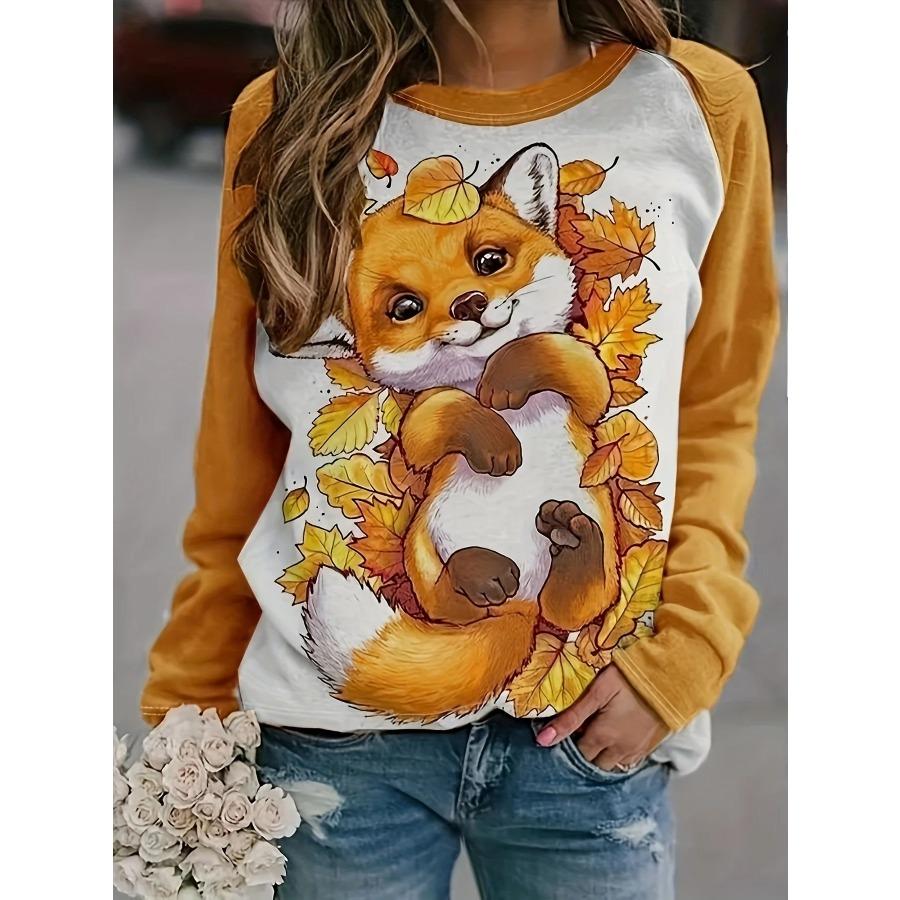 Women's 2024 Sleeves Stitching Fox Print Round Neck Long Sleeve Party Autumn Casual Pullover 3d Printing Casual Fashion Tops