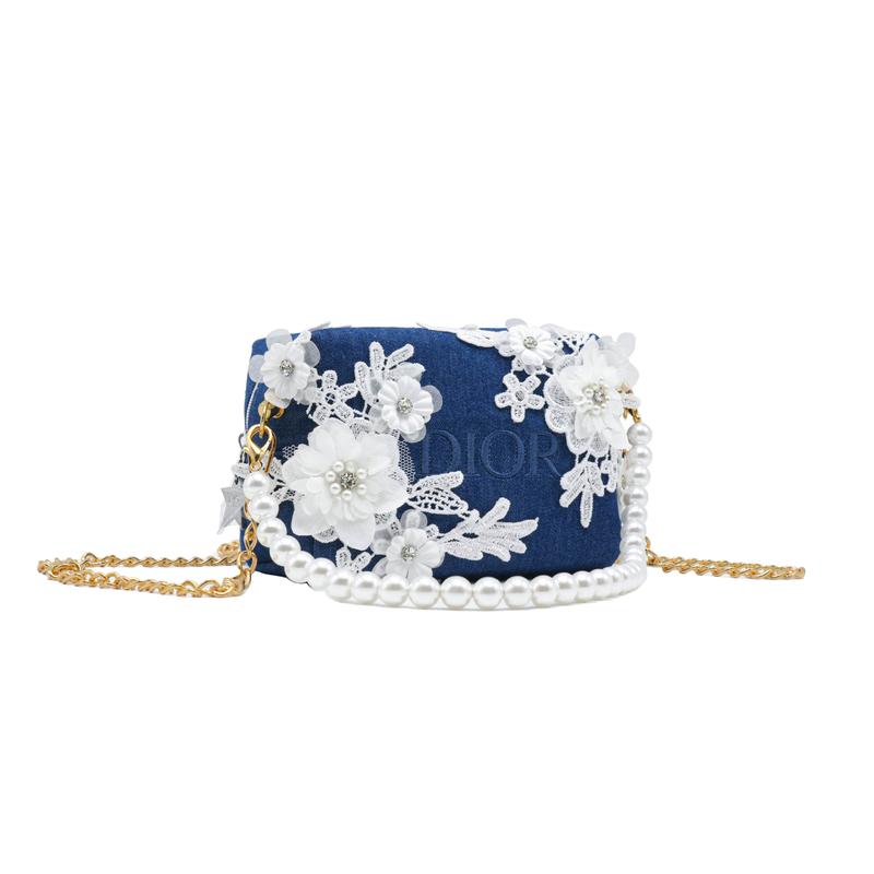DIOR Bag [Customized Cosmetic Bag] Spring Letter Flowers High-end Romantic Elegant French Commuting Handbag Shoulder Denim Cosmetic Storage Portable
