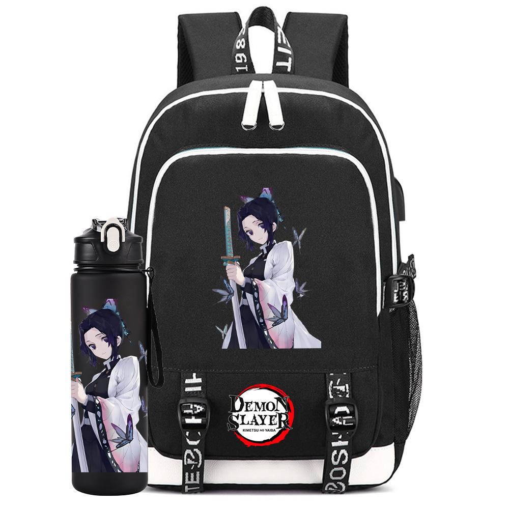 2Pcs/set Anime Demon Slayer Printed Backpack Large Capacity Waterproof Bookbag With 750ml Water Bottler Laptop Student Boy Girl Bookbag Gift
