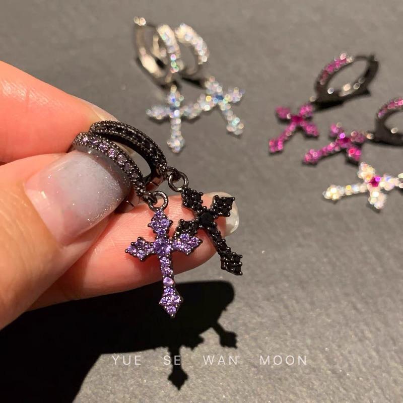 Gothic Vintage Colorful Rhinestone Cross Hoop Earrings Unique Exquisite
