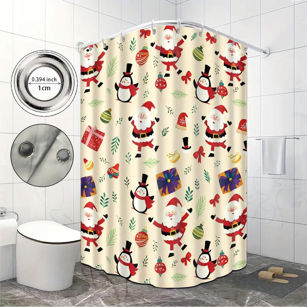 1Pc Santa Claus Printed Waterproof Shower Curtain, Bathroom Partition Privacy, Multiple Sizes, 12 Hooks, Easy To Install