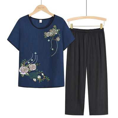 Costume d'été en coton et lin pour femmes de 60 à 70 ans: Ensemble de pyjama ample de grand-mère avec t-shirt à manches courtes