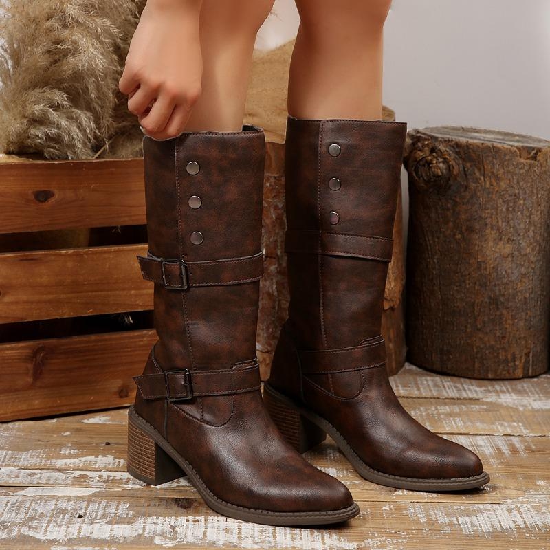 Western Boots Fashion Pointed Toe Sleeve Studded Belt Buckle Non-Slip Wear-Resistant Block Heel