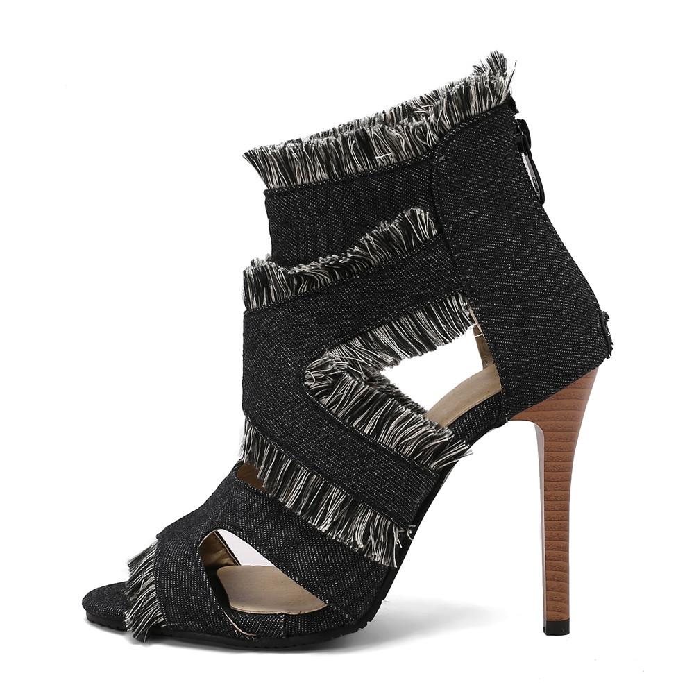 Fashion Summer New Rome Super High Heels Fish Mouth Women's Shoes Sexy Slim Heels Zipper Ankle Strap Denim Sandals Sandalias De Mujer