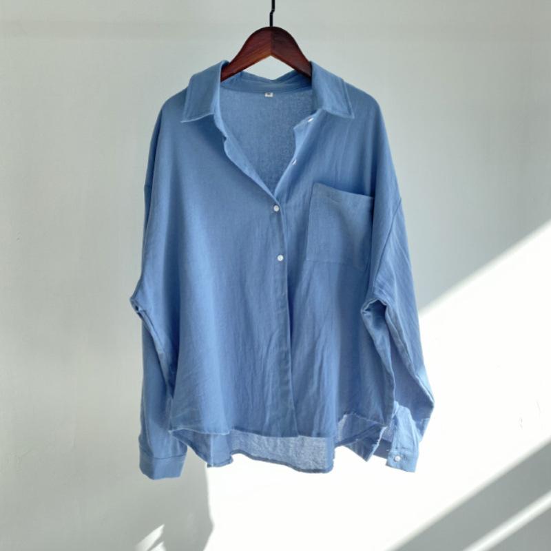 Womens Pink Solid Color Loose Shirt Casual Lapel Button Down Blouse With Pocket