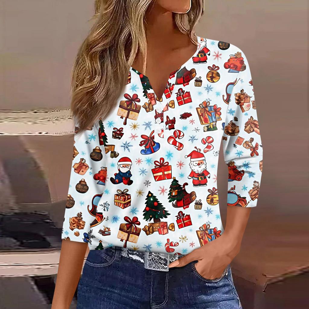Women's T Shirt Tee Christmas Printed Button 3/4 Sleeve Tunic Daily Weekend Fashion Basic V- Neck Regular Top