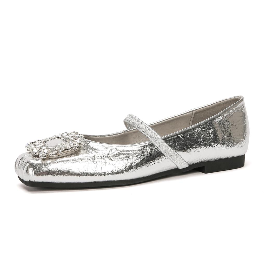 H83-3 silver casual women's shoes soft sole with large rhinestone square head shoes children's Internet celebrity ballet shoes Doudou shoes