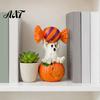 Small Gift for Children Halloween Ghost Figurine, Cute Sitting on Pumpkin Holding Candy Party Supplies Statue, Spooky Resin Table Ornament Indoor