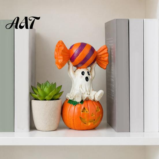 Small Gift for Children Halloween Ghost Figurine, Cute Sitting on Pumpkin Holding Candy Party Supplies Statue, Spooky Resin Table Ornament Indoor