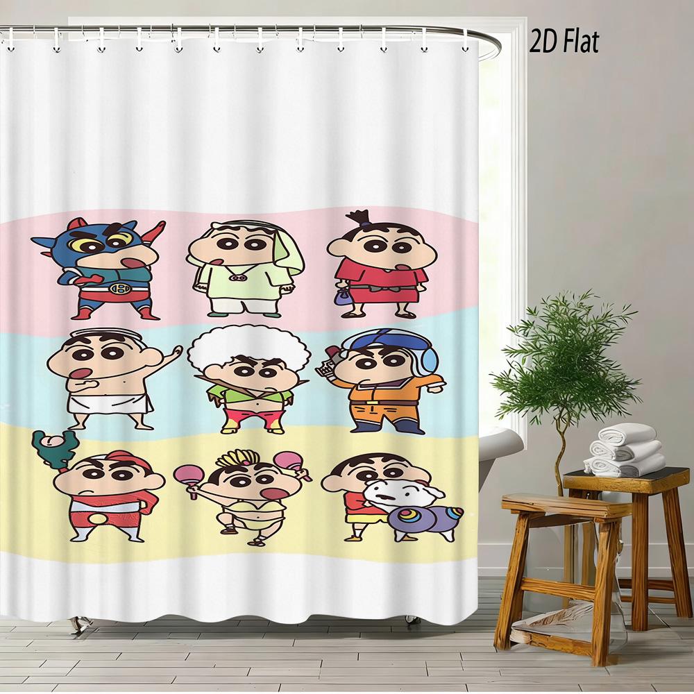 Crayon Shin-Chan Cheese & Shiro 2D Print Waterproof Shower Curtain, Cute Cartoon Bathroom Decor With Hooks