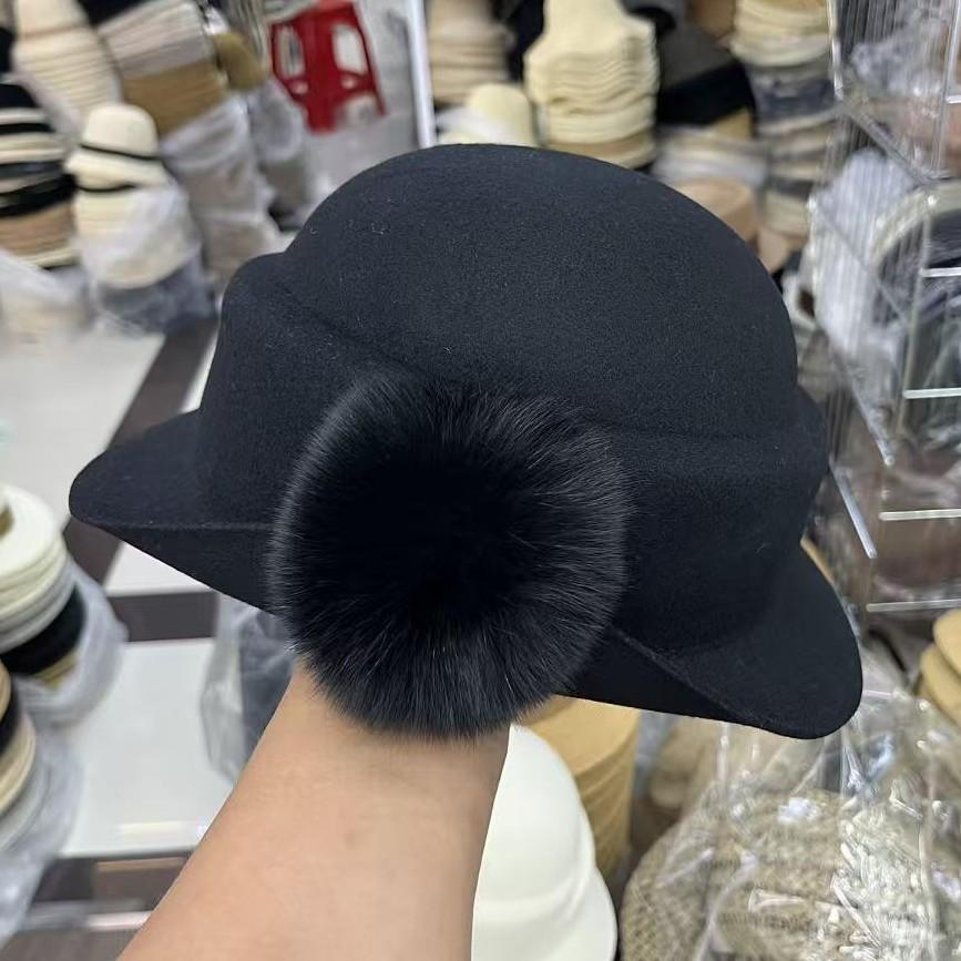 

New French elegant wool woolen small brim basin hat female autumn and winter celebrity small top hat light luxury hairball warm bucket hat M（55-58cm） чёрный