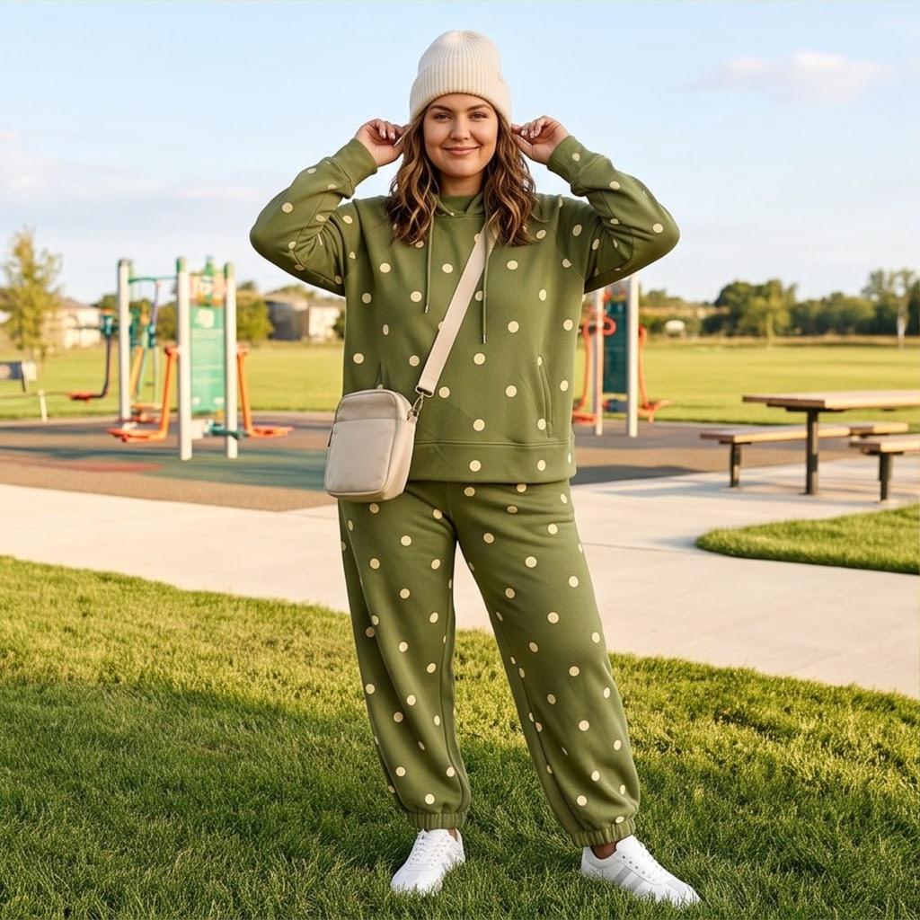 Women's Polka Dot Two Piece Set Hooded Sweatshirt and Jogger Pants Casual Wear