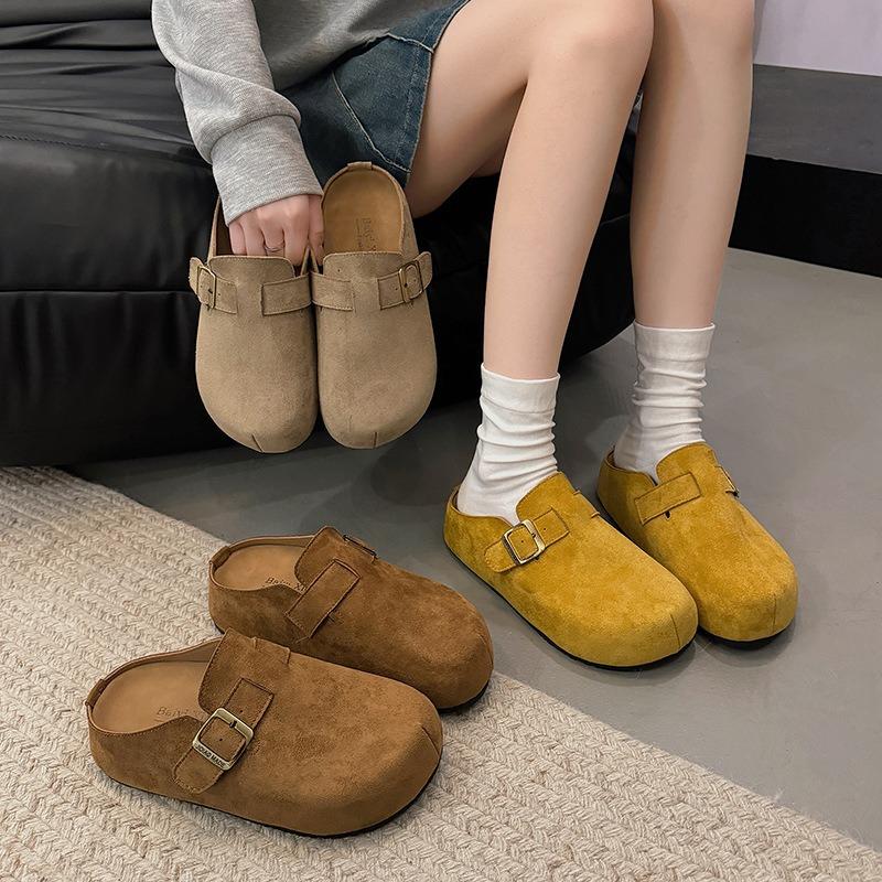 Retro baotou half-drag women wear autumn new comfortable lazy shoes thick-soled inner height-increasing slippers