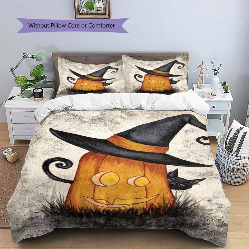 Vintage Pumpkin Witch Hat Black Cat Halloween Art Print 3‑Piece Bedding Set Duvet Cover With Pillowcases for Bedroom Home Decoration