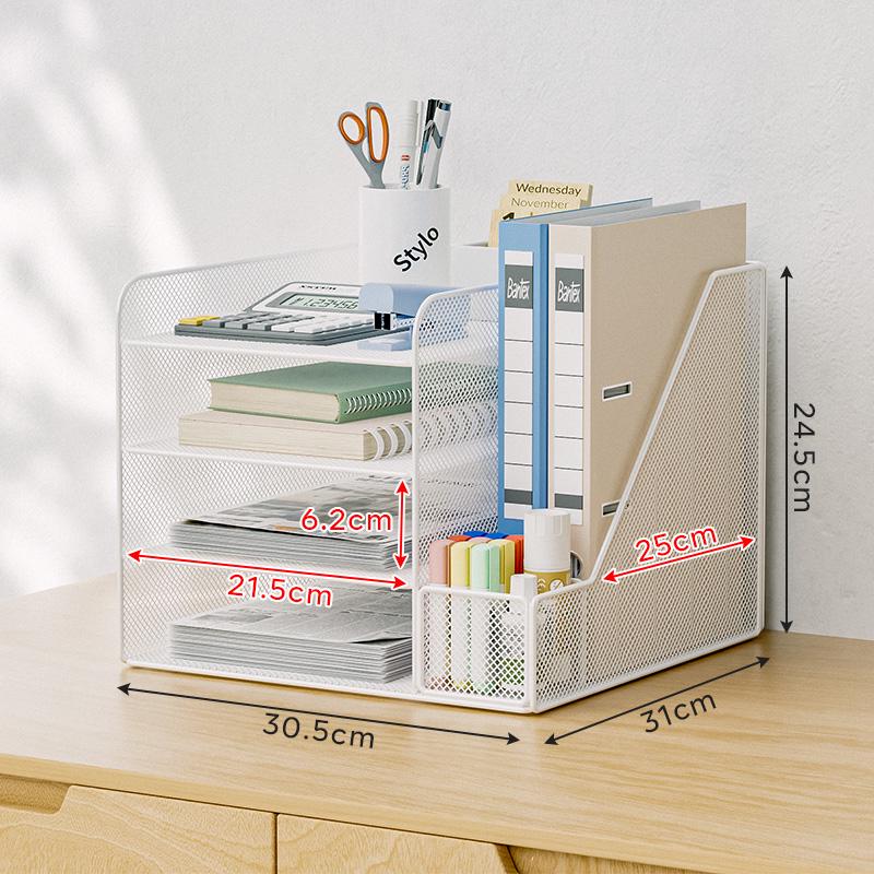 Schreibtisch-Organizer: Vertikale Aktenaufbewahrung, Bücherregal, Aktenständer und Stifthalter.