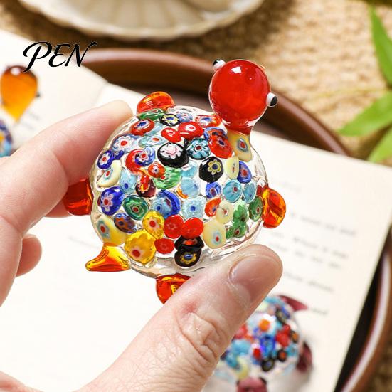 Crystal Glass Art Piece Hand Blown Millefiori Turtle Figurine, Mini Colorful Tortoise Statue, Cute Desktop Decoration Cartoon Sea Tabletop Ornament