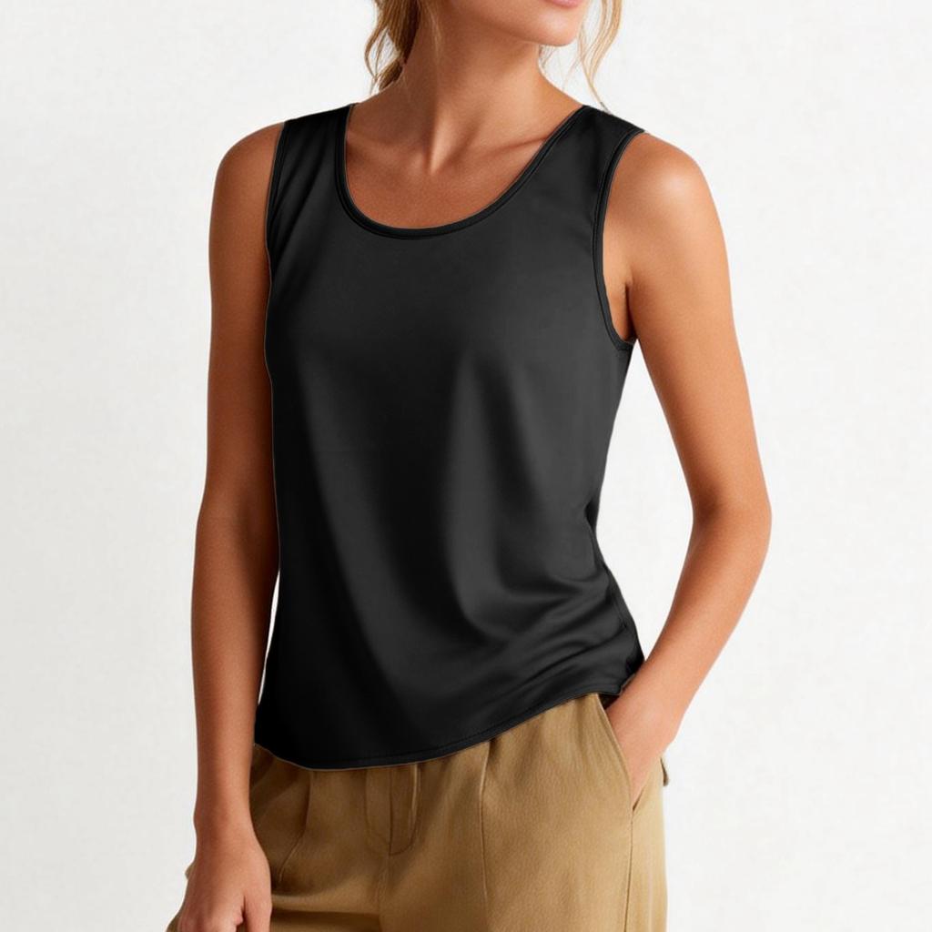 Women's Satin Round Neck Fashion Loose Sleeveless T-Shirt Vest