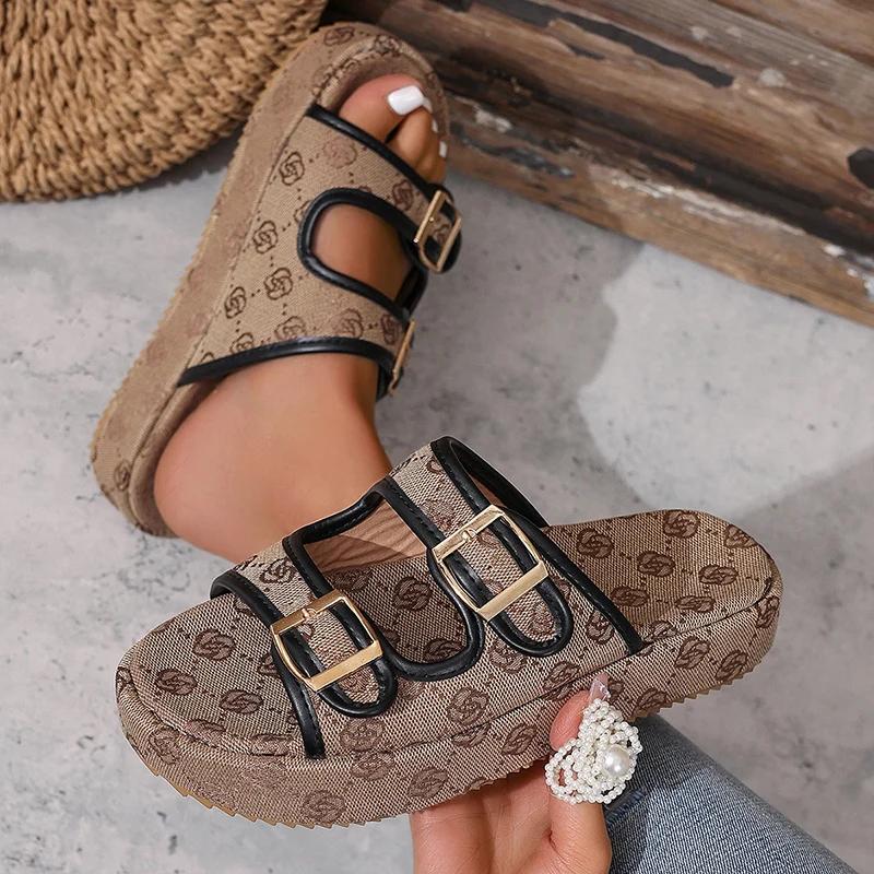 

Fashion Flowers Embroidery Thick Bottom Sandals Women Fashion Designer Buckle Platform Slippers Woman Summer 2025 Non Slip Sandles Mujer 42 чёрный