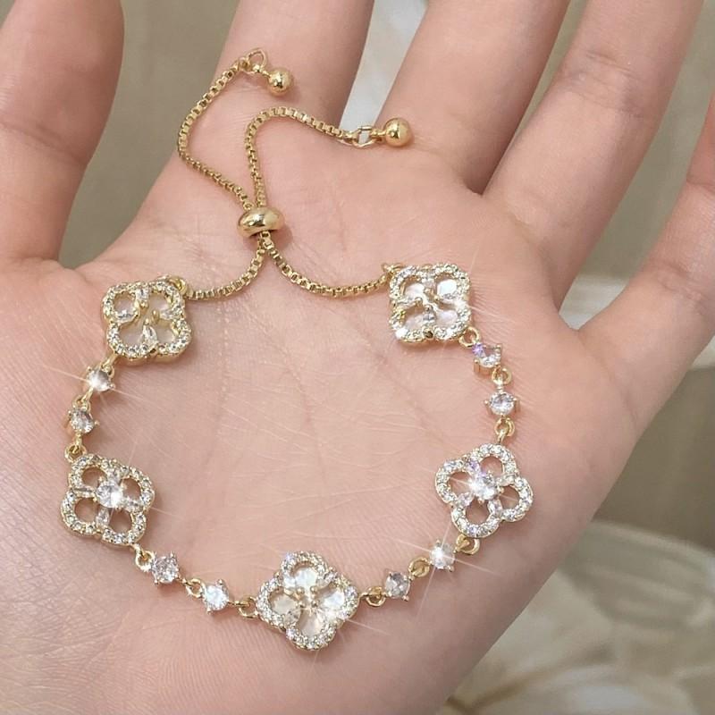 Elegant Pink Four-Leaf Clover Necklace Set With Floral Pendant Rose Gold Plated Copper Jewelry Women