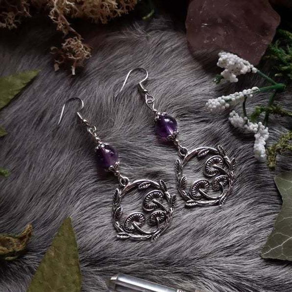 

Gothic Retro Sliver Color Amethyst Bead Mushroom Vine Geometry Large Circle Pendant Dangle Earrings for Women Heathen Jewelry