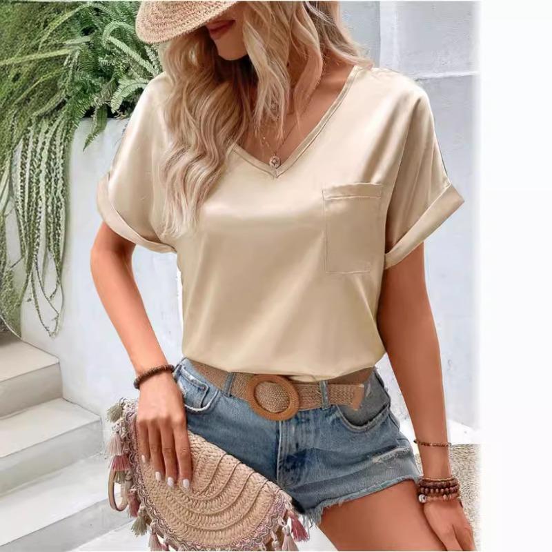 Summer Women's Color Satin V-neck Pocket T-shirt with Rolled Edge Short Sleeved Loose Top