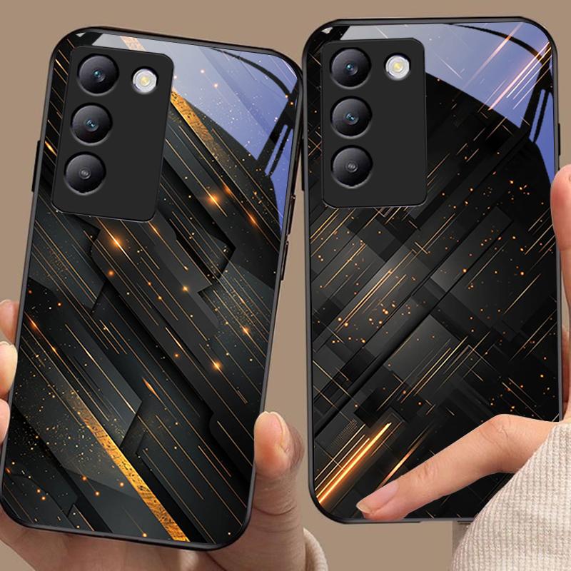 Meteor Golden Bead For Y72 33S 11 03 36 96 Lite 35 16 Iqoo 12 V40 SE 5G 29 40 21 30 X80 Pro Vivo Tempered Glass Phone Case Black