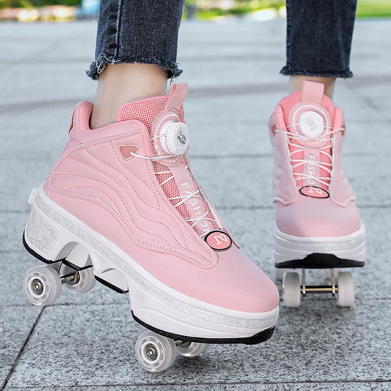 Rullskor Stora fyrhjuliga Pojkar och Flickor Dubbelradiga Rullskridskor Kvinnliga Studenter Ettklicks Automatisk Indragning Deformationshjulsskor